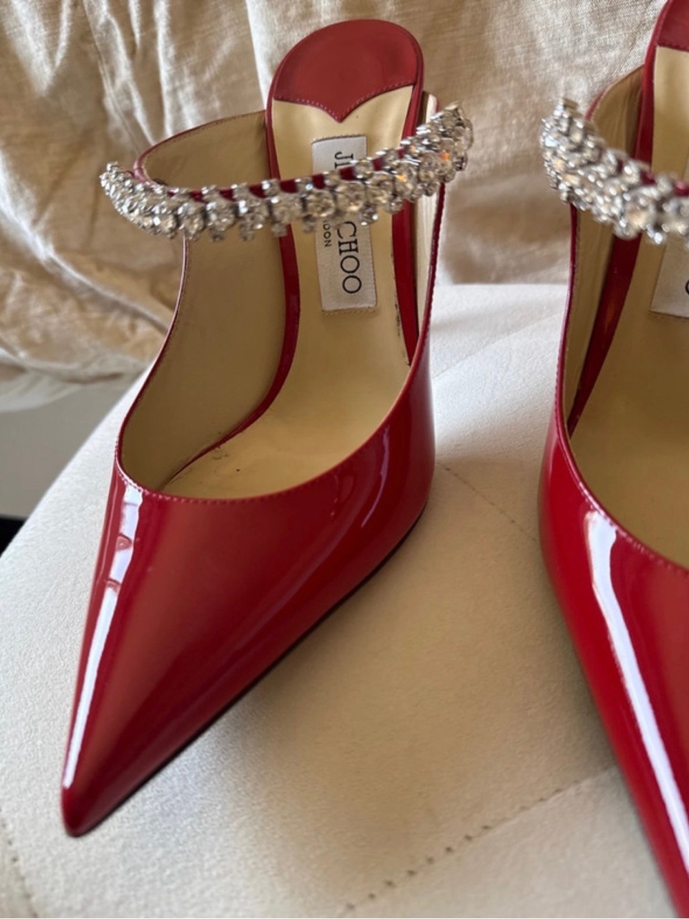 Jimmy Choo Red Patent Pointed Toe Crystal-Strap Mules - Picture 9 of 11